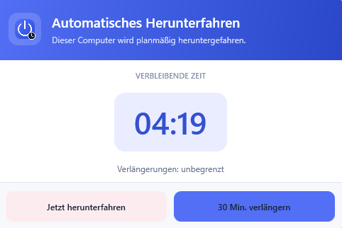 Shutdown-Warnfenster mit Countdown und Verlängerungsoption