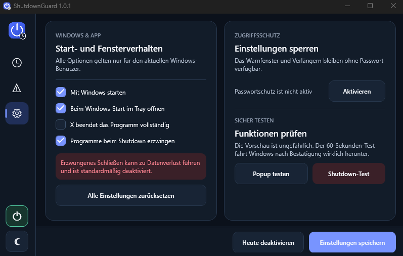 Systemeinstellungen und Passwortschutz