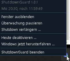 Tray-Menü von ShutdownGuard im dunklen Design