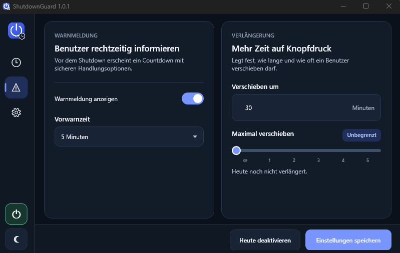 Einstellungen für Warnung und Aufschub