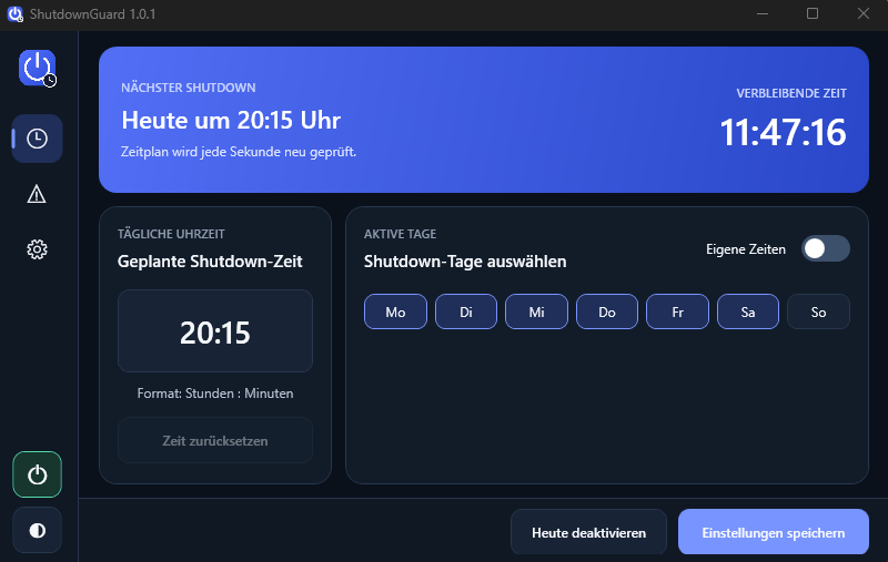 ShutdownGuard mit aktivem Zeitplan im dunklen Design